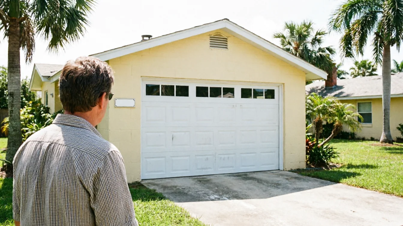A technician stands in front of a yellow house with a white garage door.