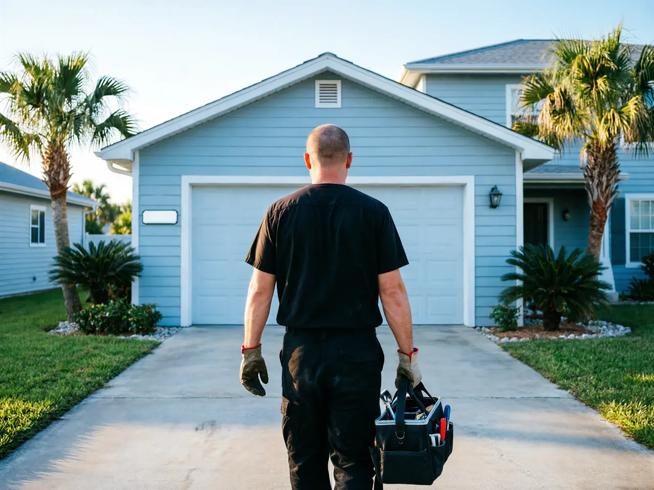 A technician walks toward a light blue house with a white garage door.