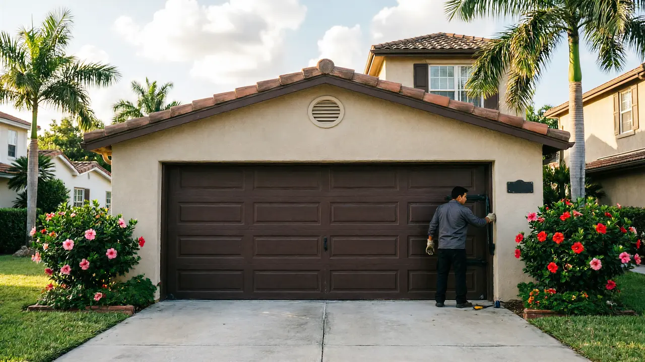 Installer checking a cream carriage-style garage door with a level under an arched opening