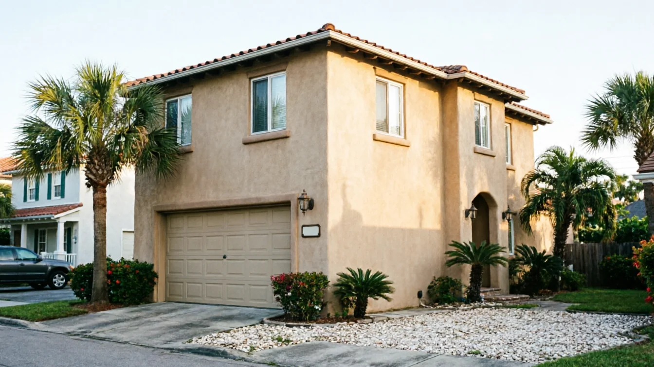A beige house with a tan garage door and palm trees in the yard.