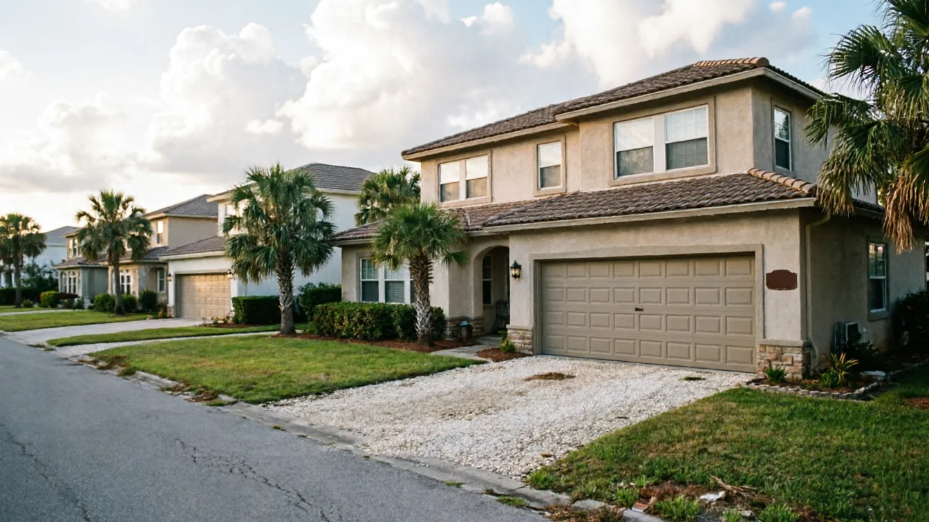 A two-story house with a tan garage door and a gravel driveway.