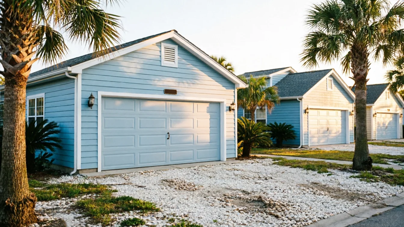A light blue house with a closed garage door and palm trees in the foreground.