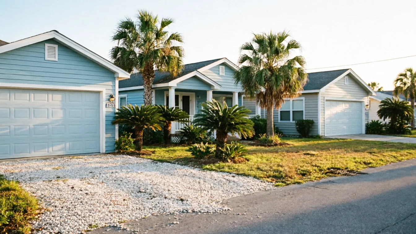 Three light blue houses with white garage doors and palm trees line a street.