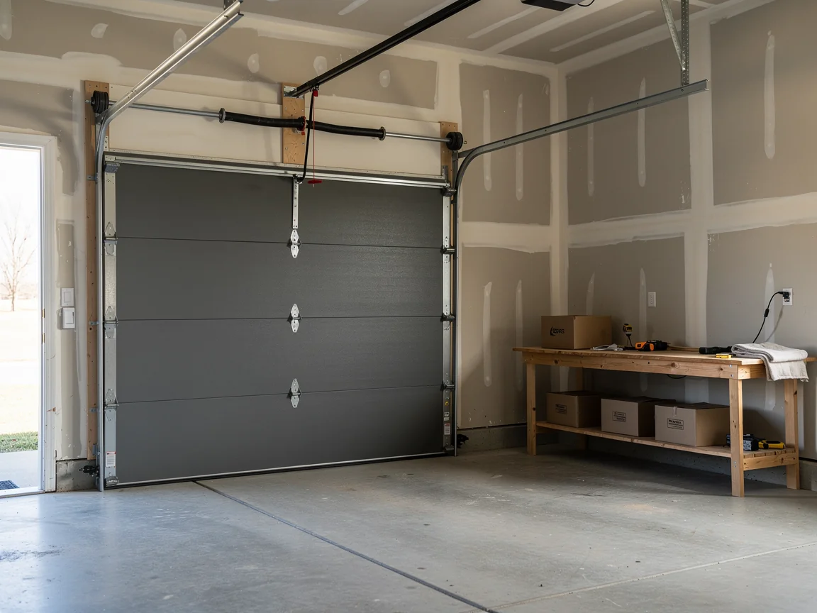 A closed gray garage door is inside a garage with a wooden workbench.