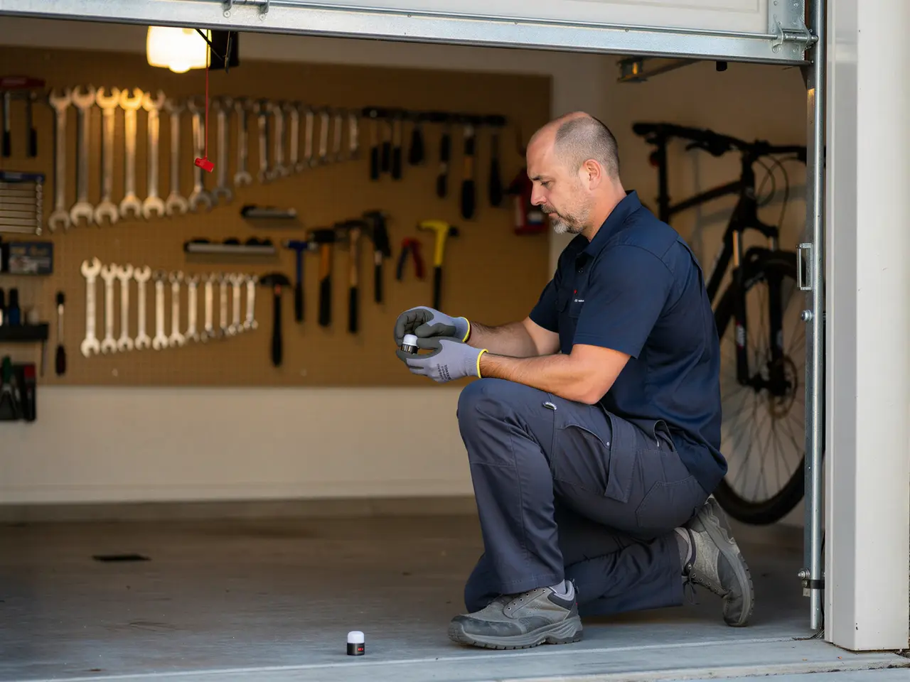 A technician kneels in a garage, holding a small white object.