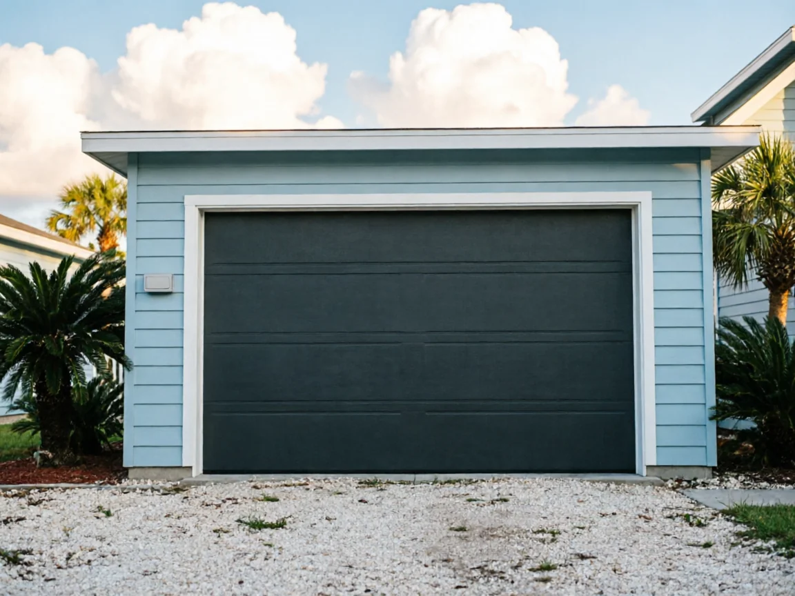 A dark gray garage door on a light blue house with palm trees.