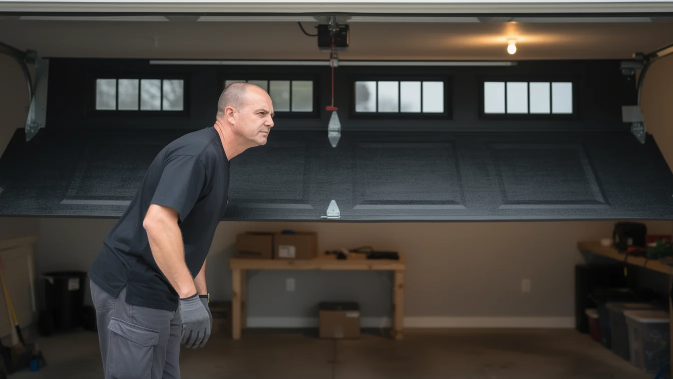 A technician in a black shirt and gray pants looks at a black garage door.