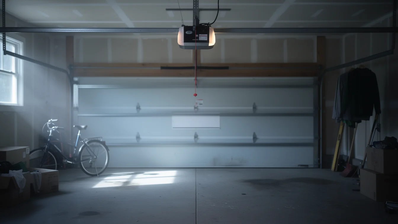 A garage door opener with a light is mounted above a closed garage door.