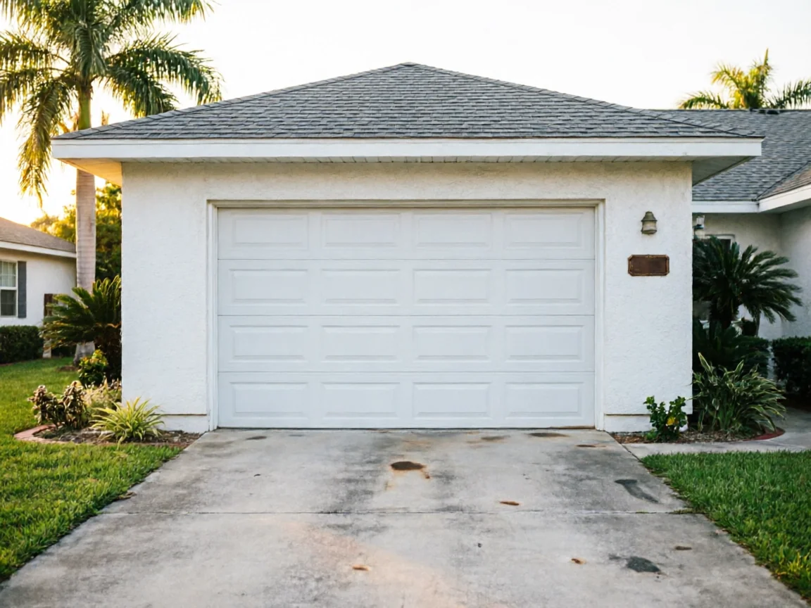 A white garage door is on a white house with a gray roof and palm trees.