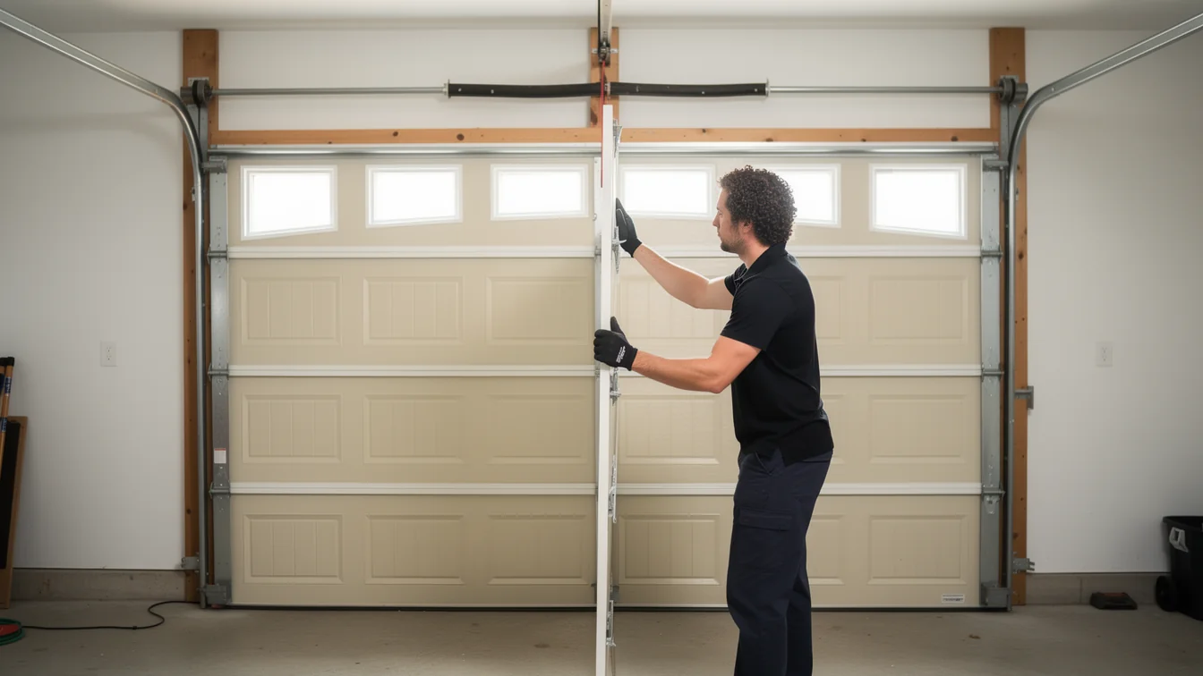 A technician in a black shirt and gloves installs a white garage door panel.